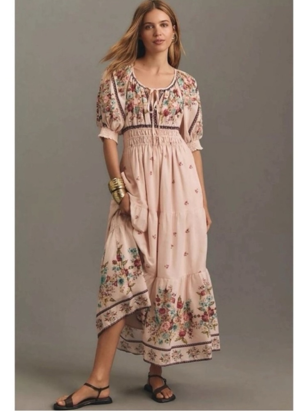 Anthropologie Somerset Floral Maxi Dress pale Pink puff Sleeve cottagecore - Picture 2 of 8